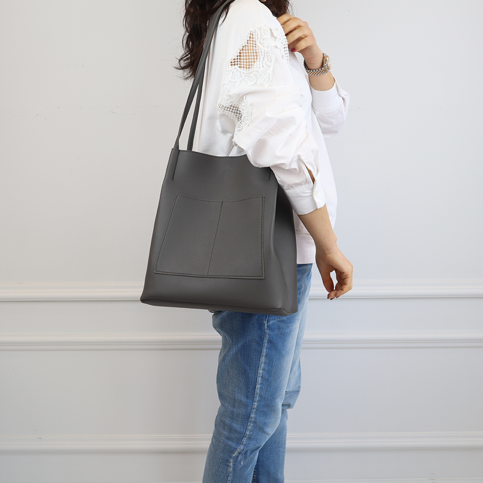 2-Pocket Square Leather Tote Bag/Shoulder Bag