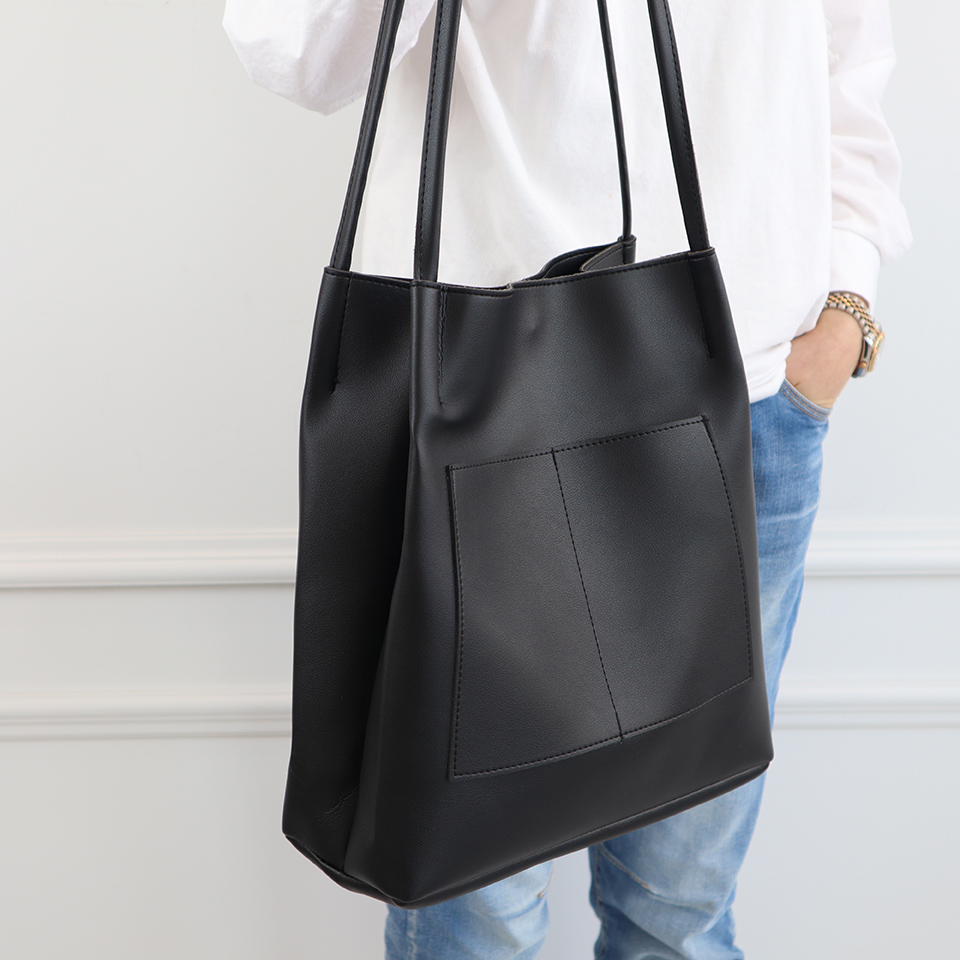 2-Pocket Square Leather Tote Bag/Shoulder Bag