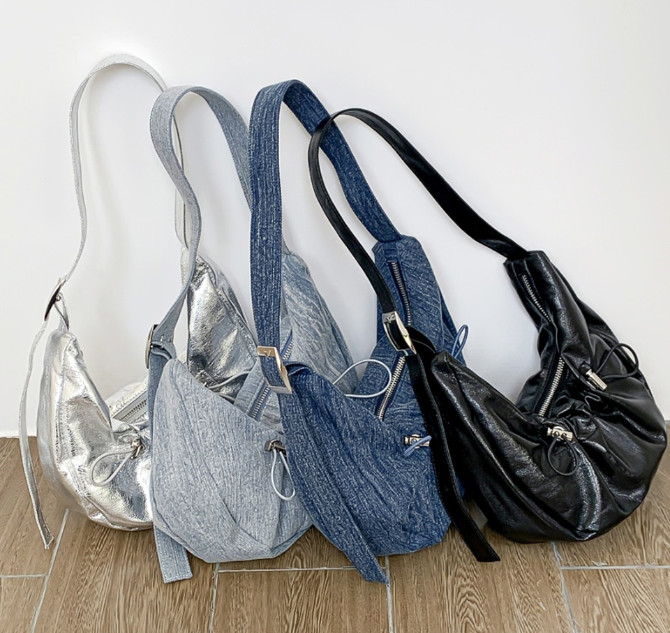Ditto Cross Silver Denim Shirred Shoulder Bag