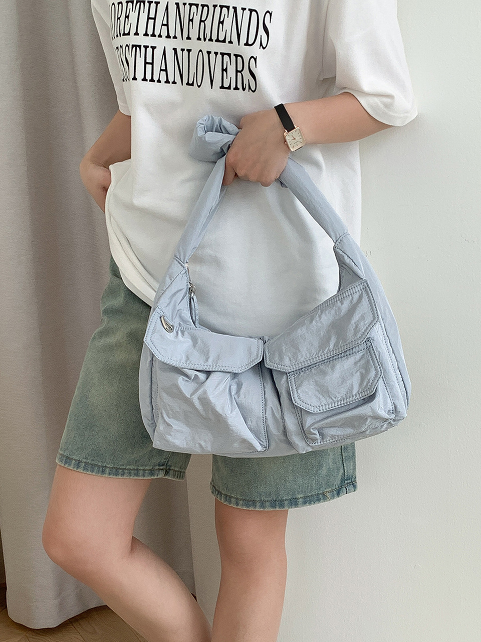 Nylon pocket zip-up shoulder bag (4 colors)