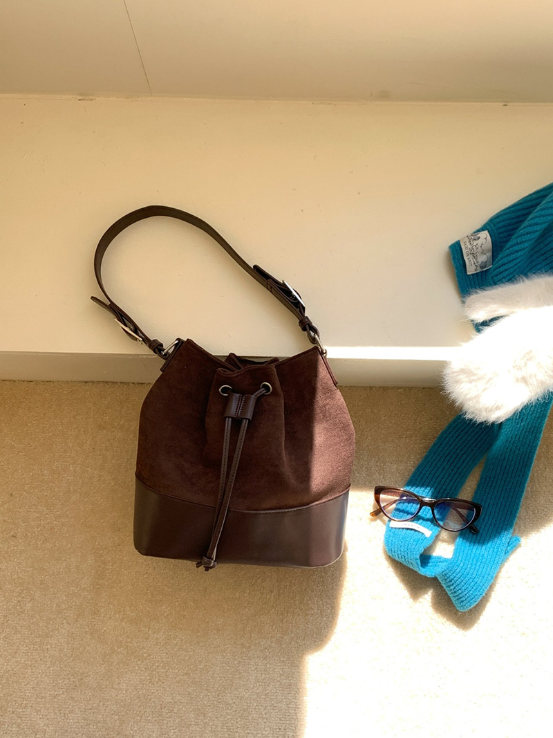 Suede Buckle Leather Bucket Bag/Shoulder Bag