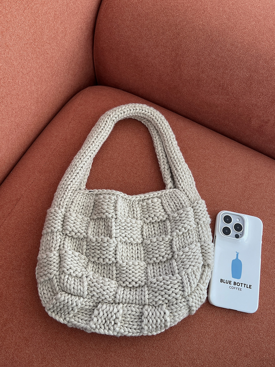 Knitted round crochet tote bag
