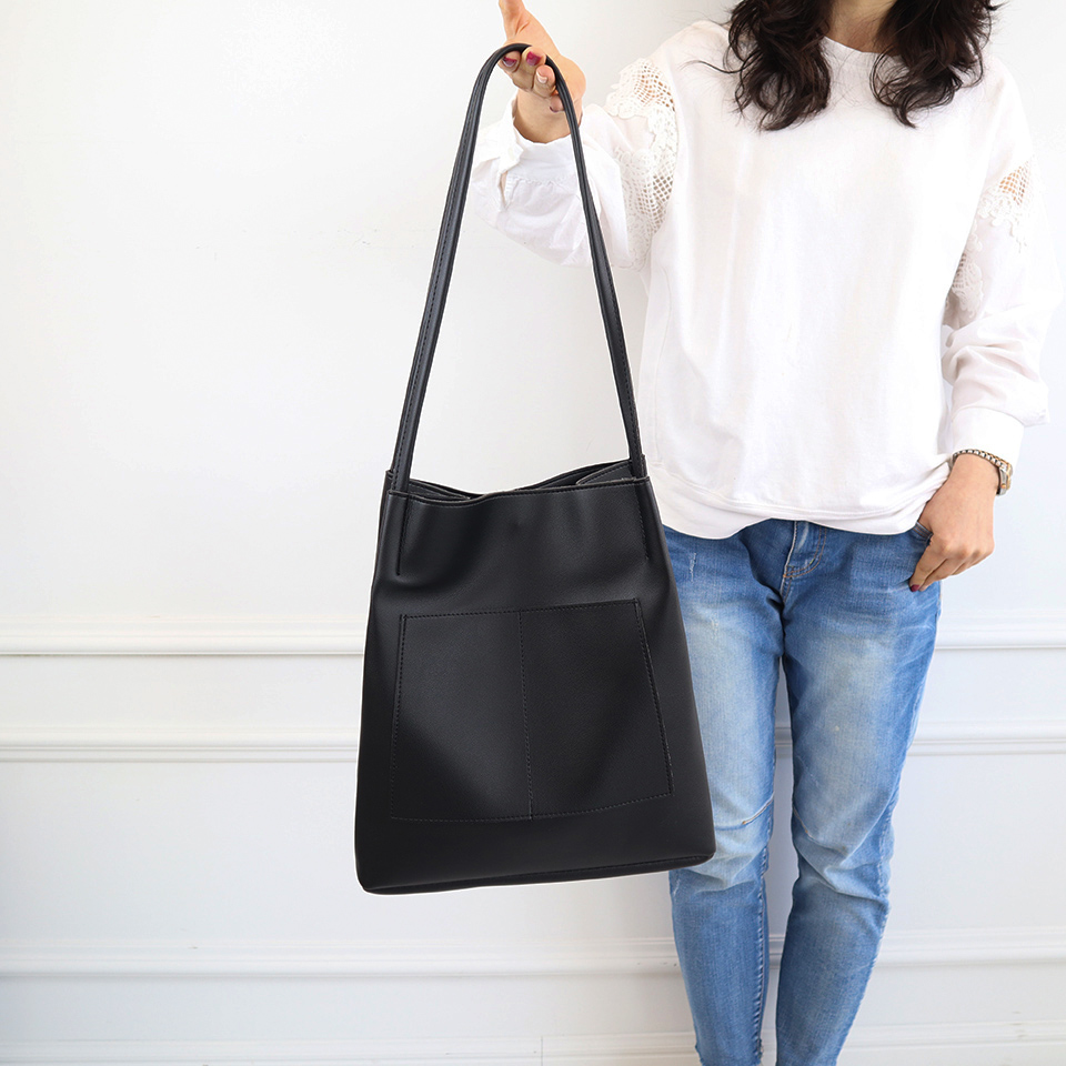 2-Pocket Square Leather Tote Bag/Shoulder Bag