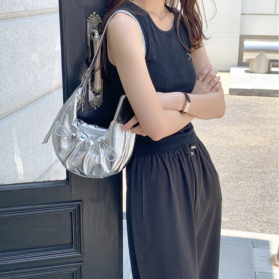 Ditto Cross Silver Denim Shirred Shoulder Bag