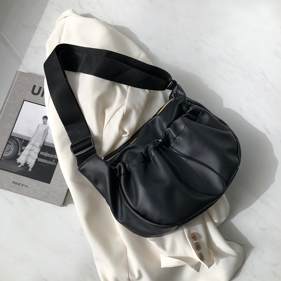 Leather String Pocket Zip-Up Crossbody Bag
