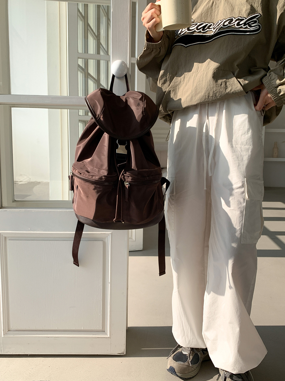 Nylon buckle string pocket daily backpack