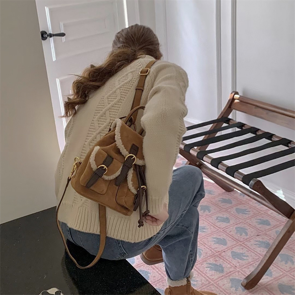 Suede pocket sheepskin bucket bag/mini backpack
