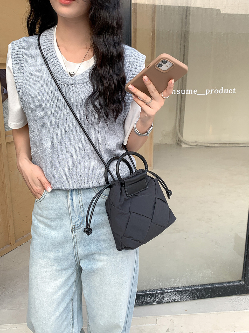 Quilted Nylon Mini Bucket Bag (4 colors)