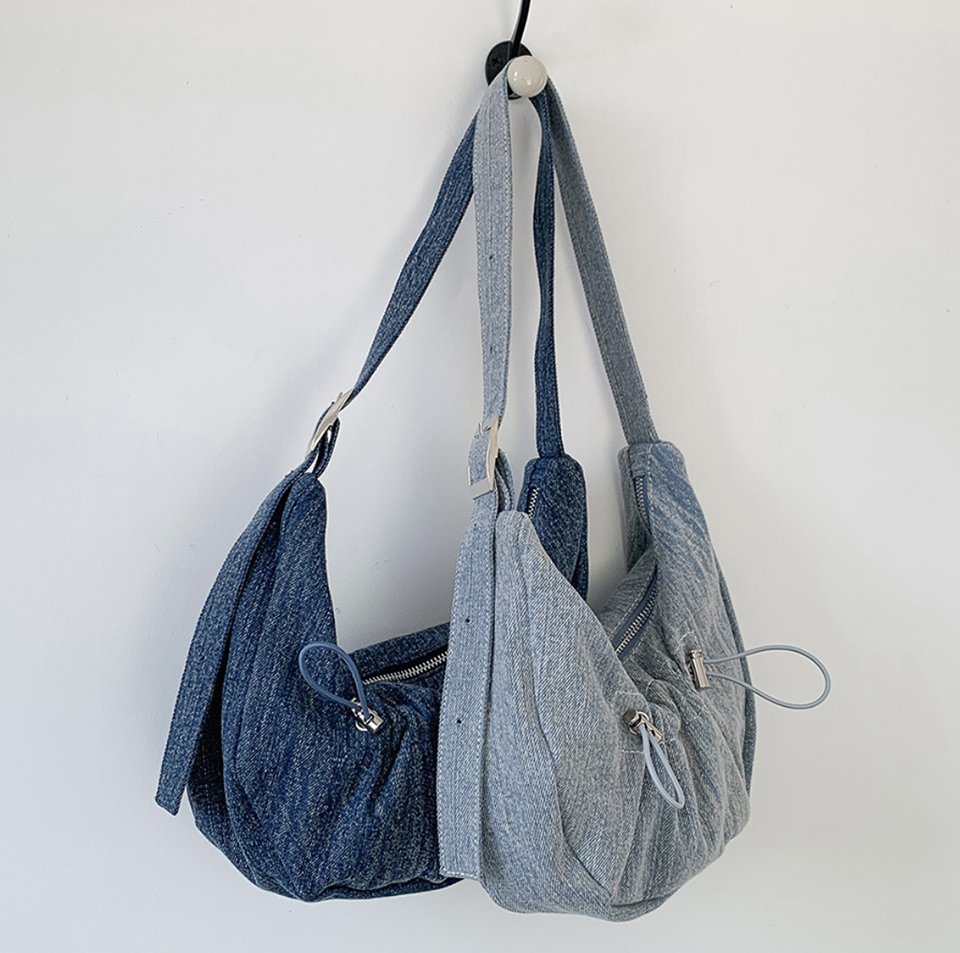 Ditto Cross Silver Denim Shirred Shoulder Bag
