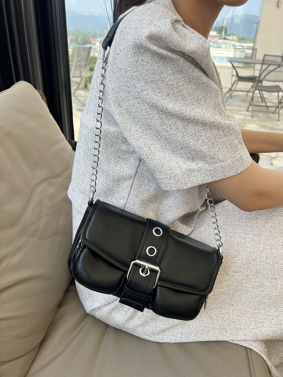 Eyelet Leather Belt Chain Mini Shoulder Bag