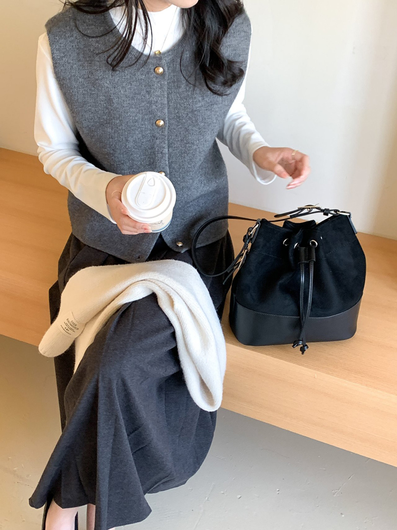 Suede Buckle Leather Bucket Bag/Shoulder Bag