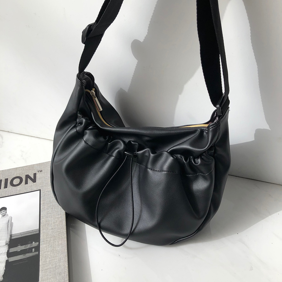Leather String Pocket Zip-Up Crossbody Bag