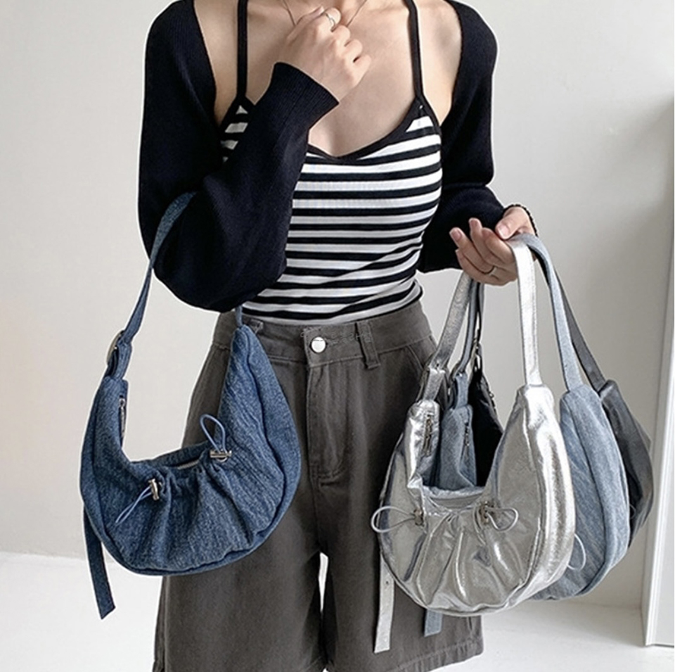 Ditto Cross Silver Denim Shirred Shoulder Bag