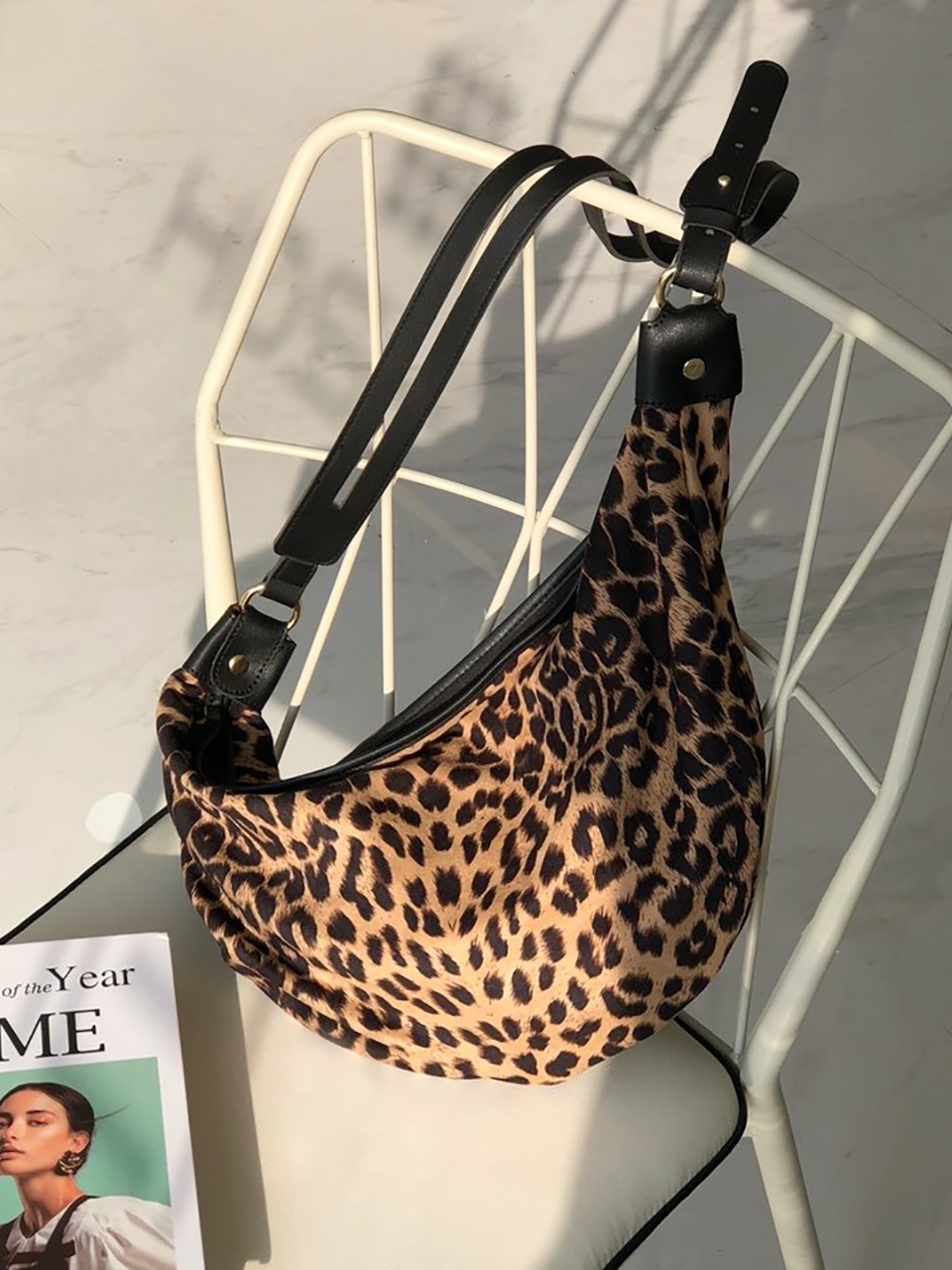 Leopard print zippered big shoulder bag