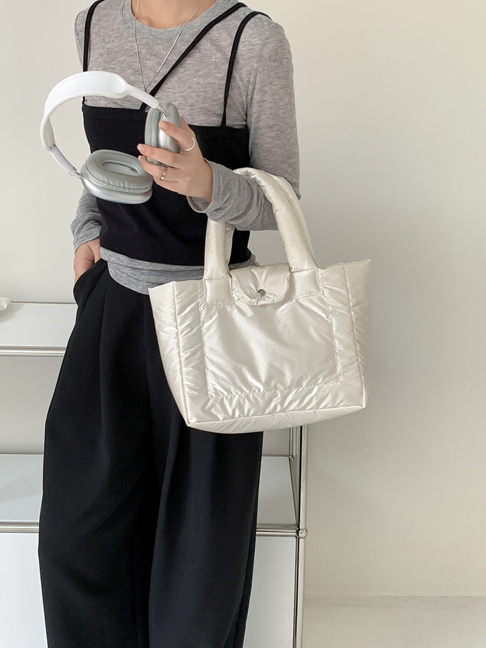 Aston Glossy Nylon Down Button Tote Bag
