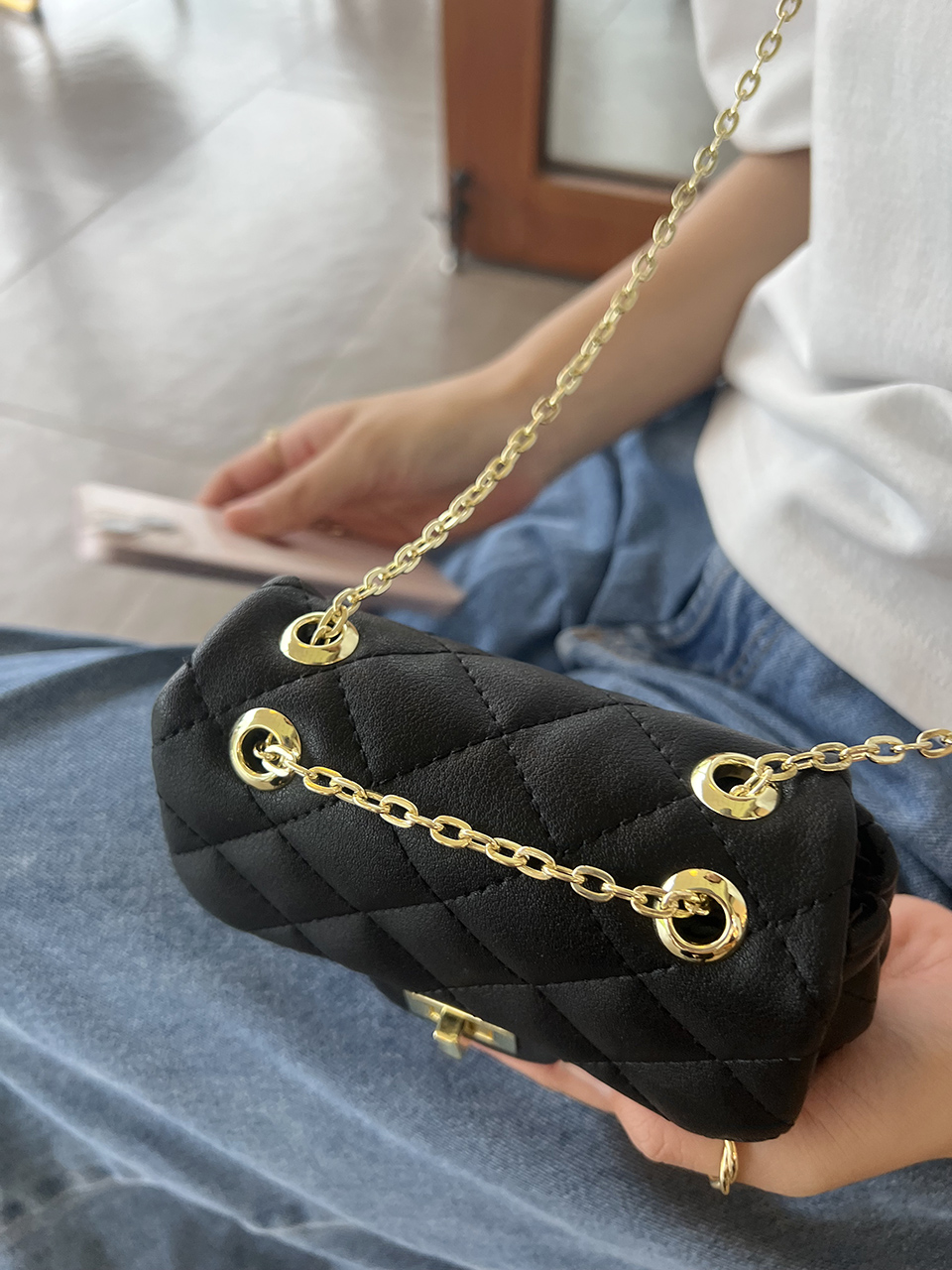 Zuni Quilted Micro Mini Gold Chain Bag