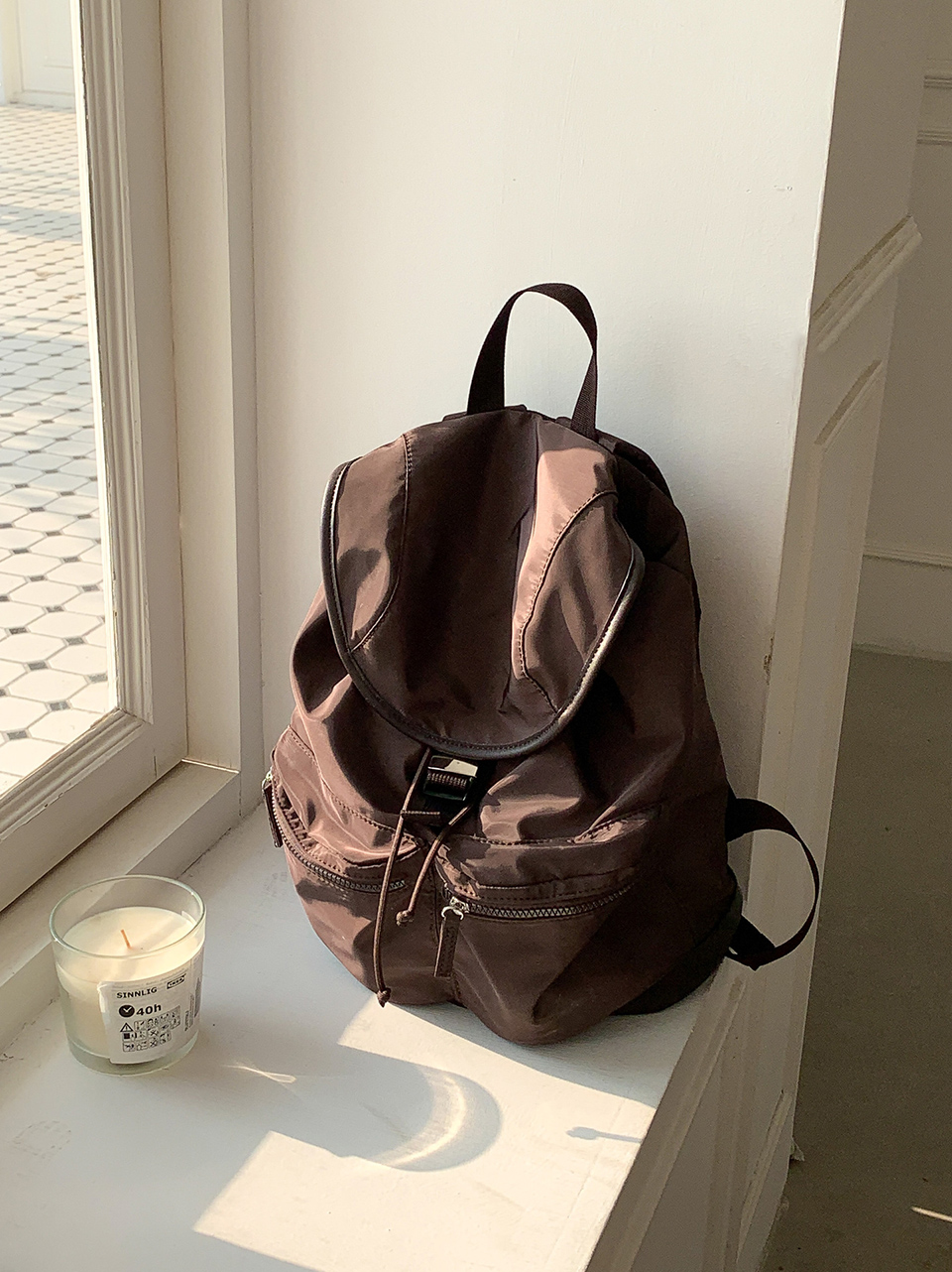 Nylon buckle string pocket daily backpack