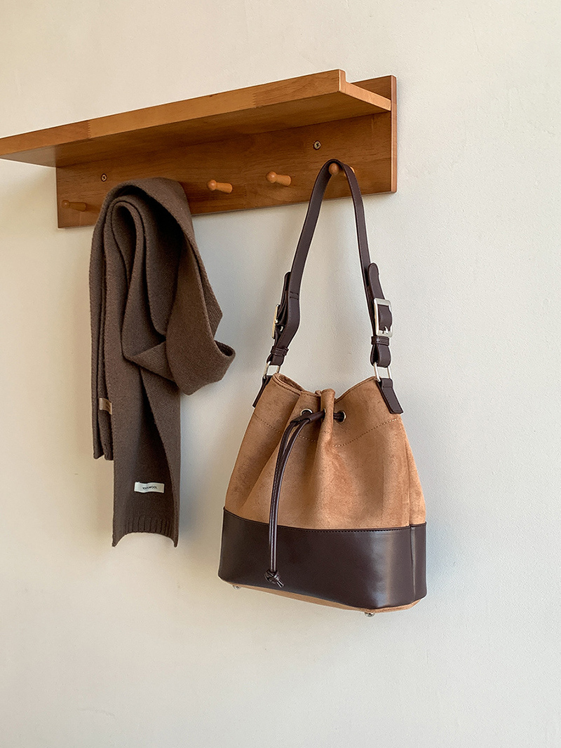 Suede Buckle Leather Bucket Bag/Shoulder Bag