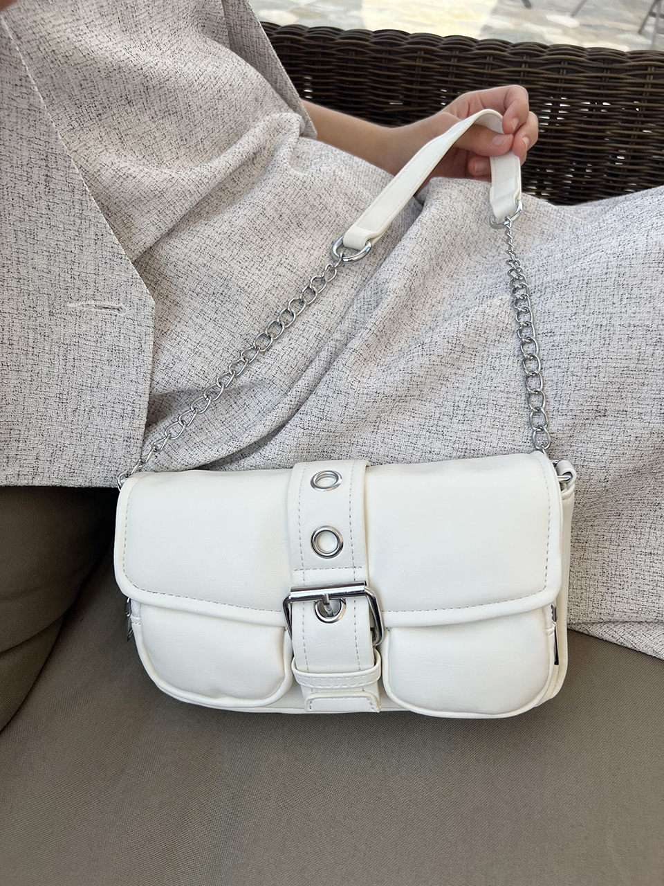Eyelet Leather Belt Chain Mini Shoulder Bag