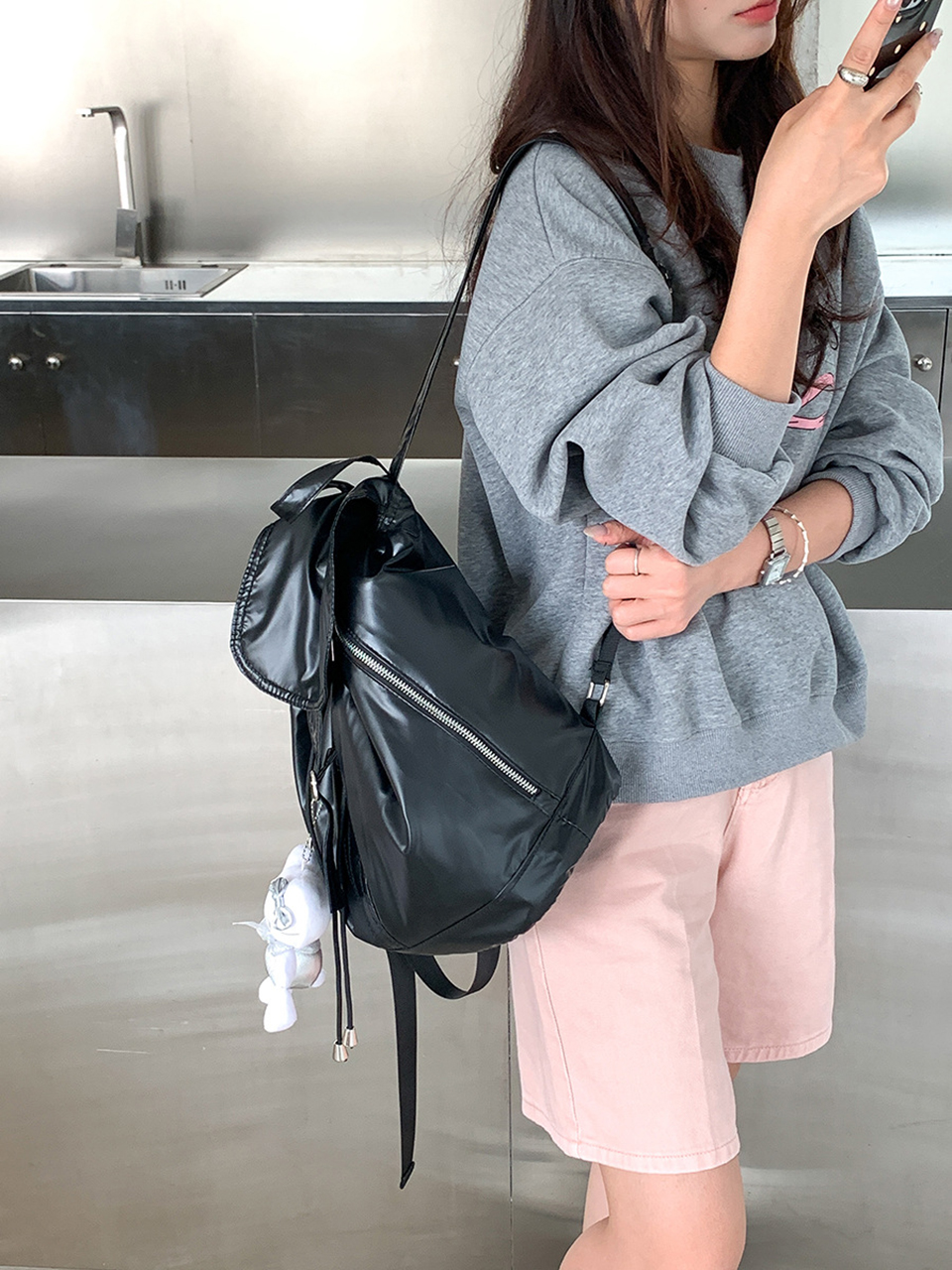 Metal buckle side zip-up nylon backpack (2 colors)