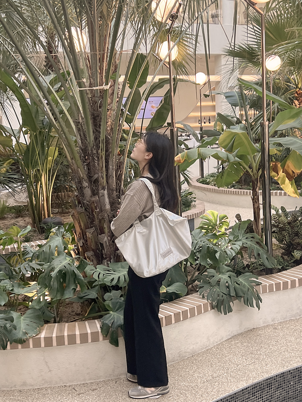 Glossy nylon shoulder bag