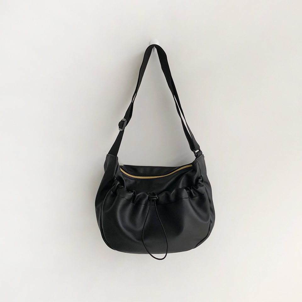 Leather String Pocket Zip-Up Crossbody Bag