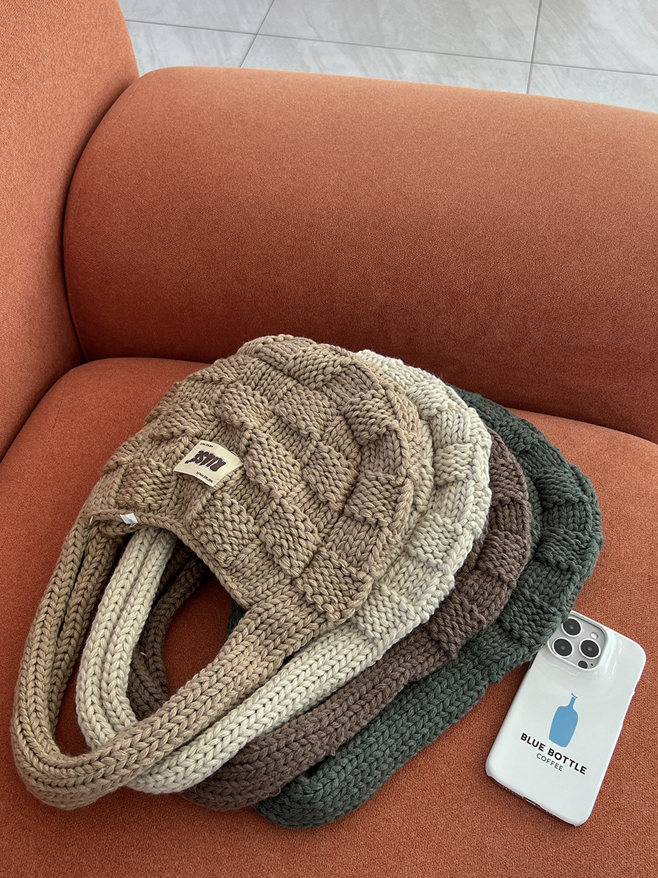 Knitted round crochet tote bag