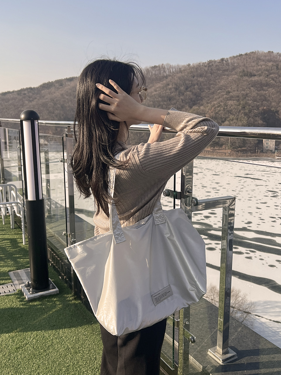 Glossy nylon shoulder bag