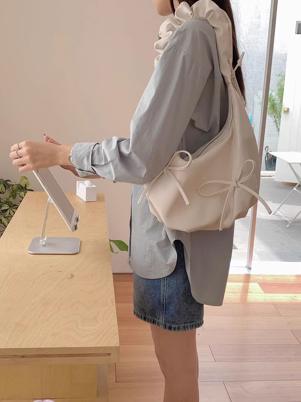 [5 colors] Ribbon Ballet Core Shirring Laser Tote Bag/Shoulder Bag