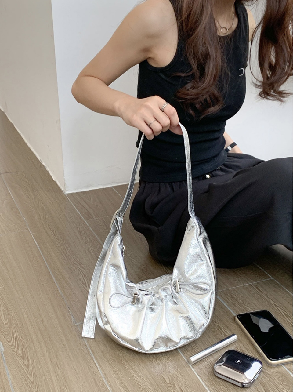 Ditto Cross Silver Denim Shirred Shoulder Bag