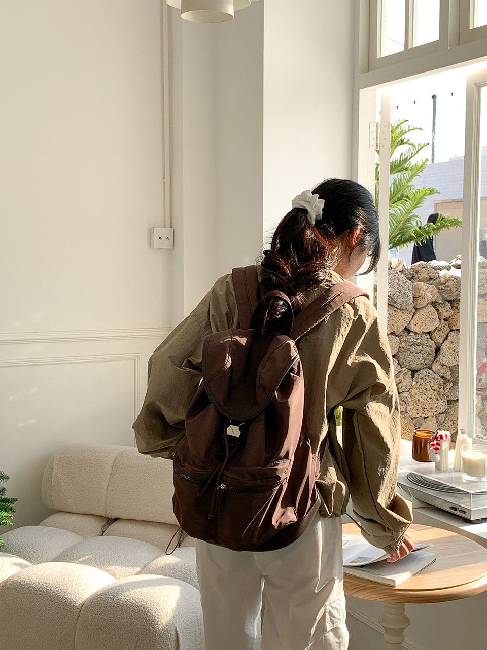 Nylon buckle string pocket daily backpack