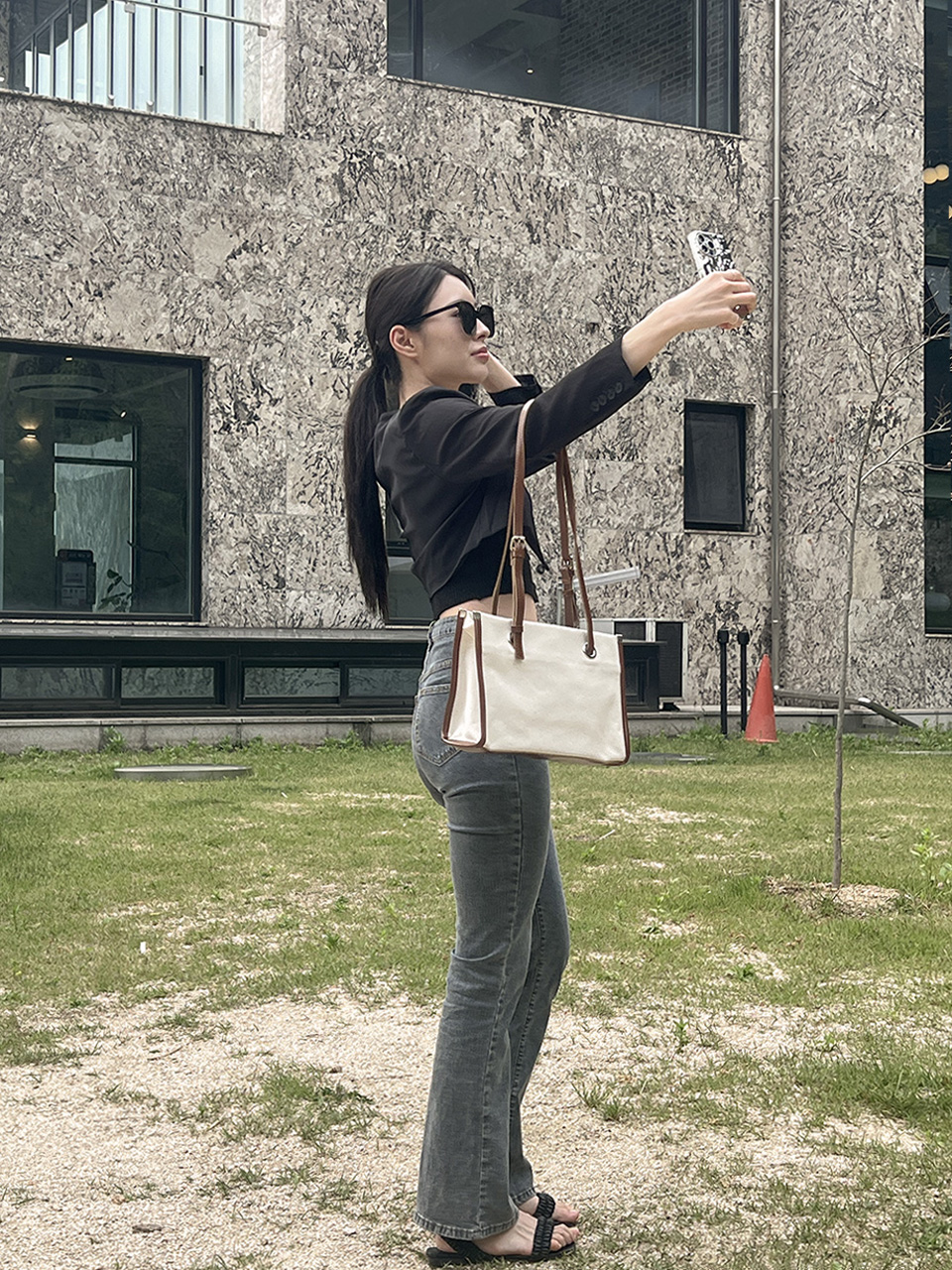 Leather canvas shoulder bag