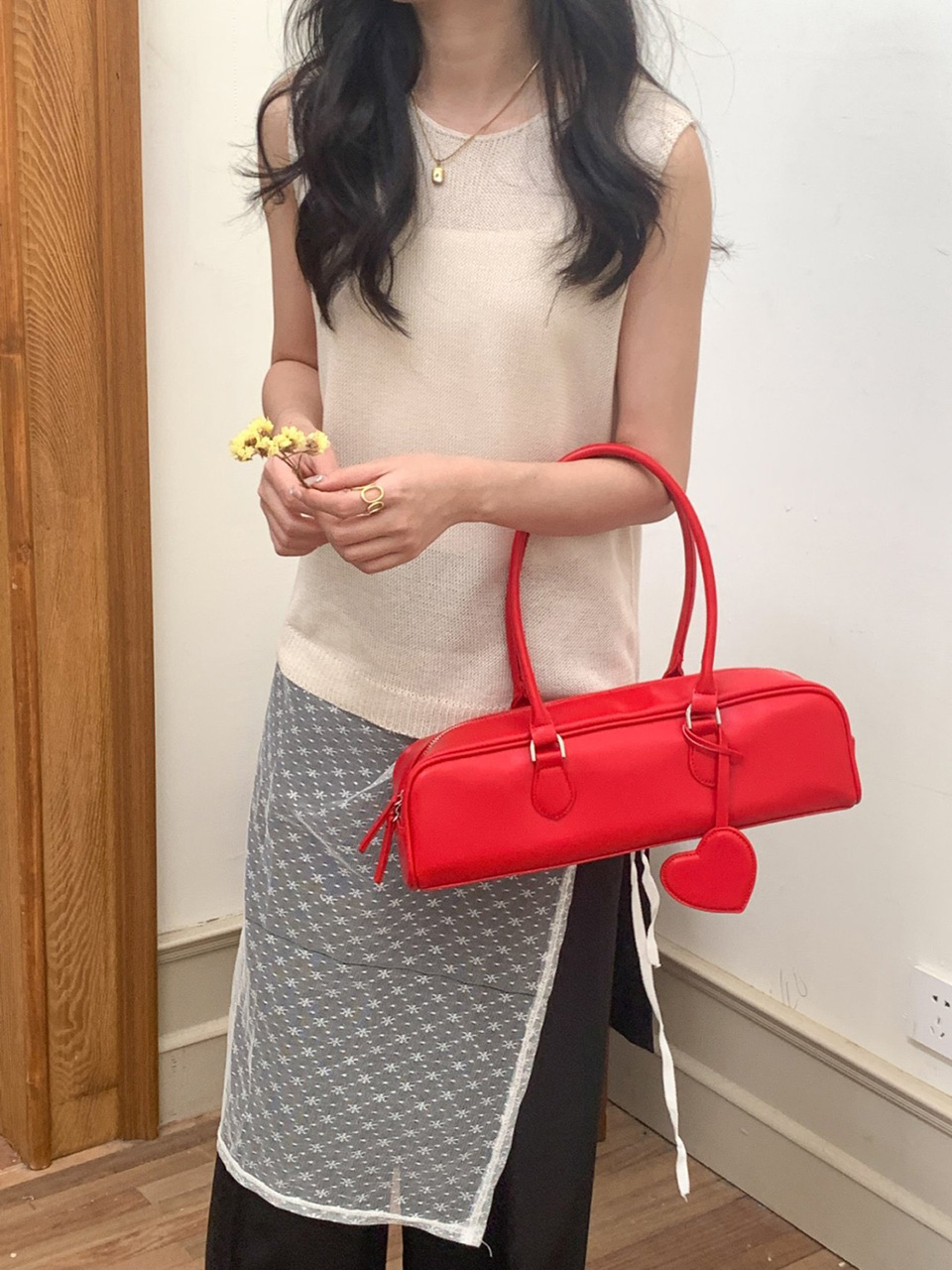 Heart Charm Square Leather Shoulder Bag