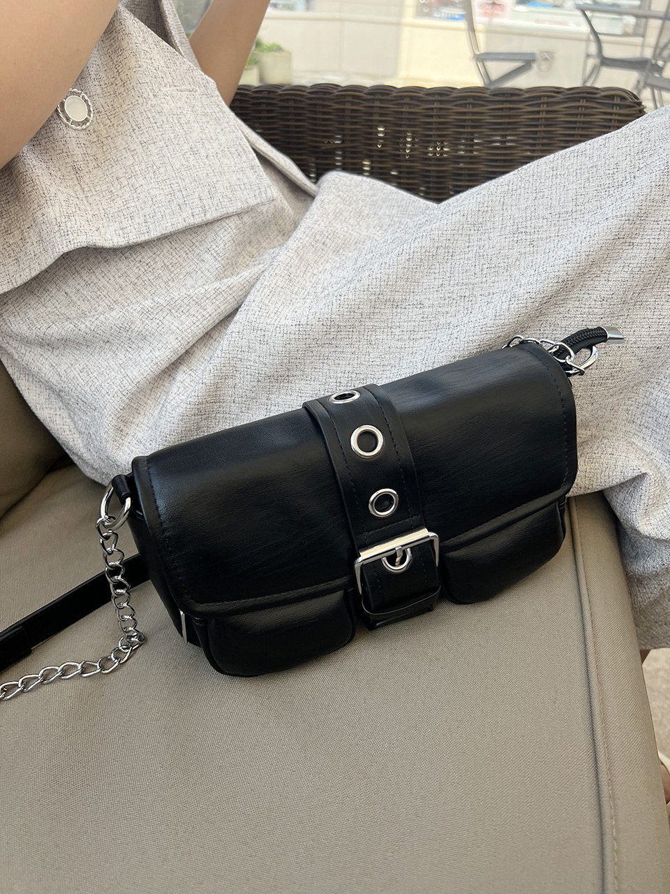 Eyelet Leather Belt Chain Mini Shoulder Bag