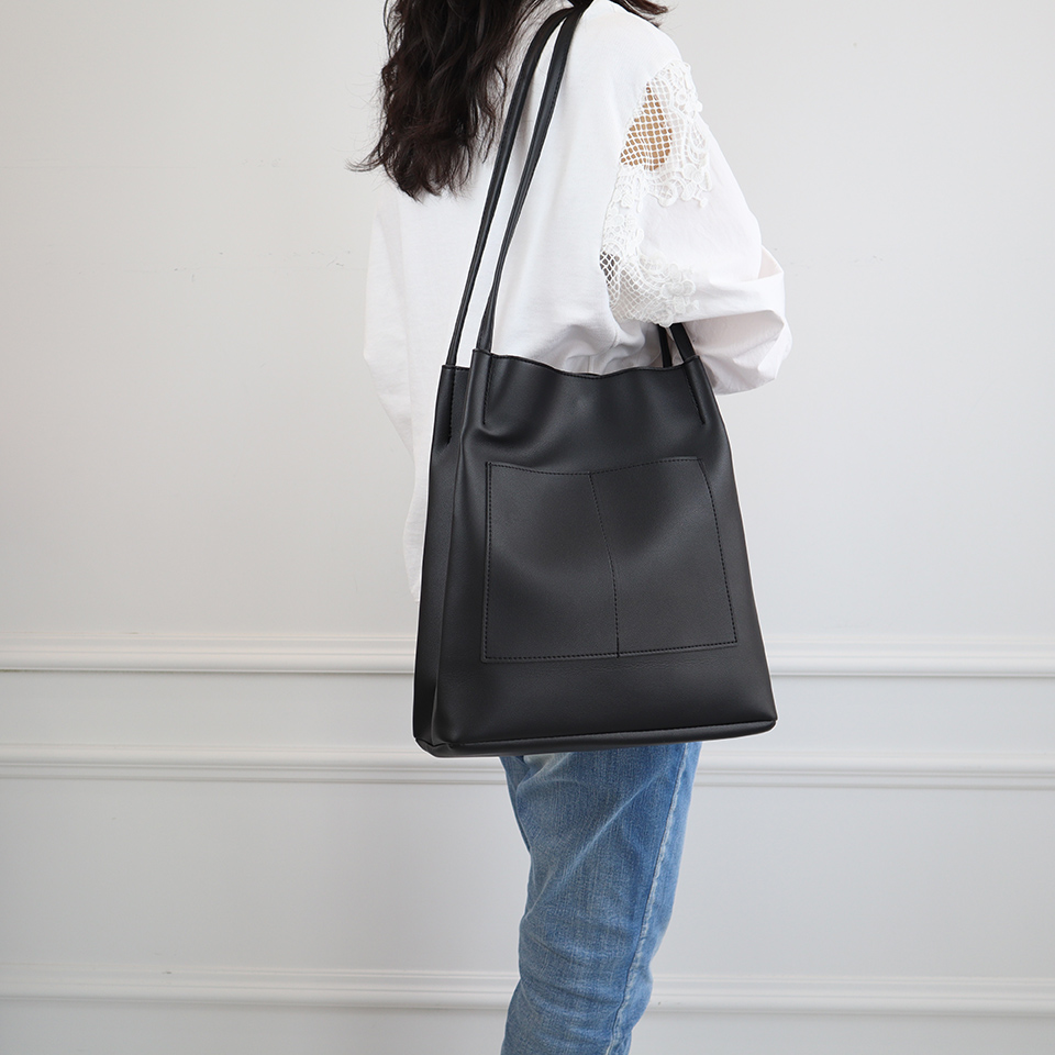 2-Pocket Square Leather Tote Bag/Shoulder Bag