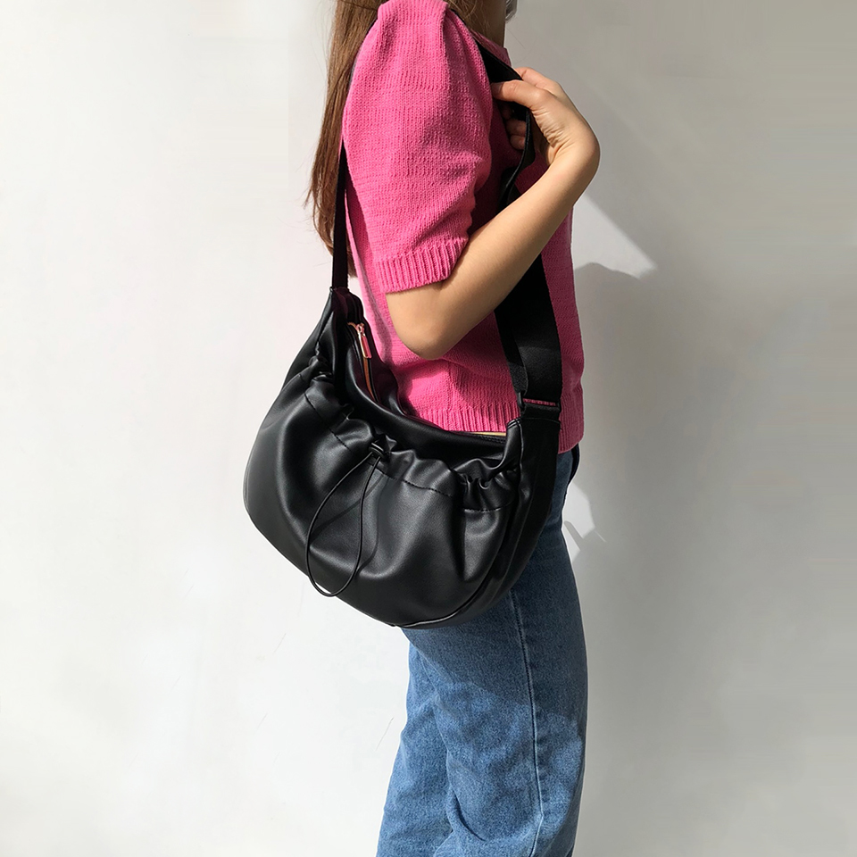 Leather String Pocket Zip-Up Crossbody Bag