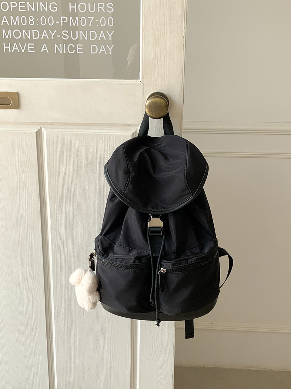 Nylon buckle string pocket daily backpack