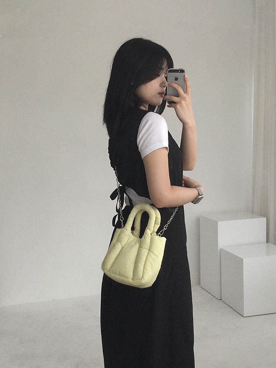 Nylon quilted chain mini tote bag