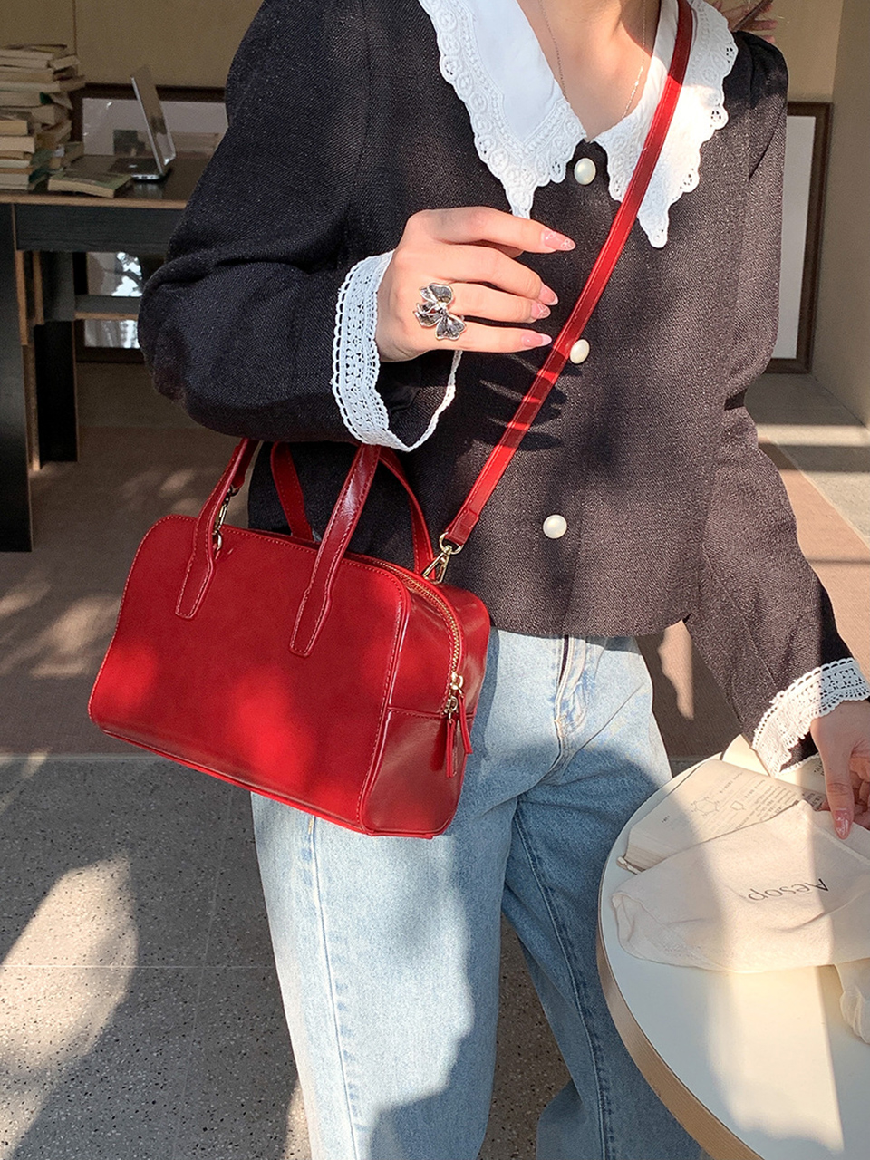 Square zip-up leather tote bag (4 colors)
