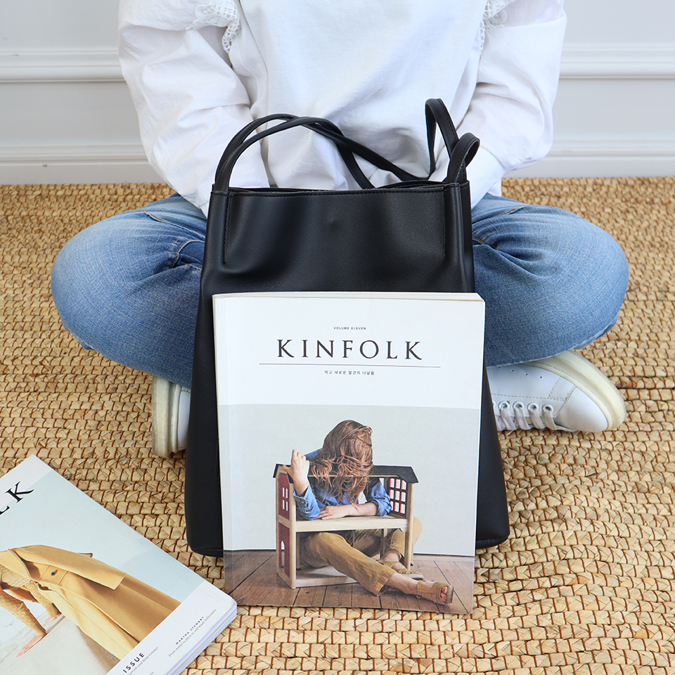 2-Pocket Square Leather Tote Bag/Shoulder Bag