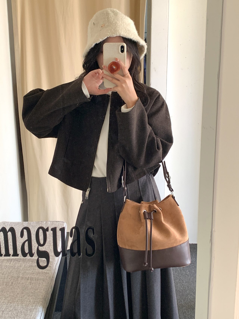 Suede Buckle Leather Bucket Bag/Shoulder Bag