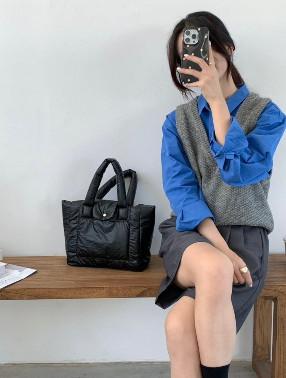 Aston Glossy Nylon Down Button Tote Bag