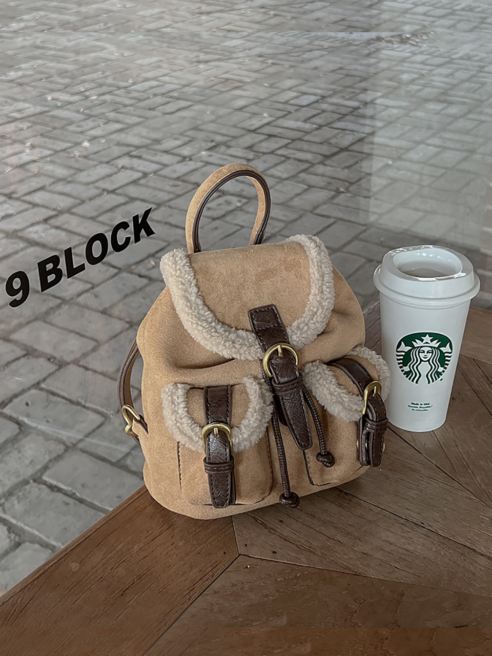 Suede pocket sheepskin bucket bag/mini backpack
