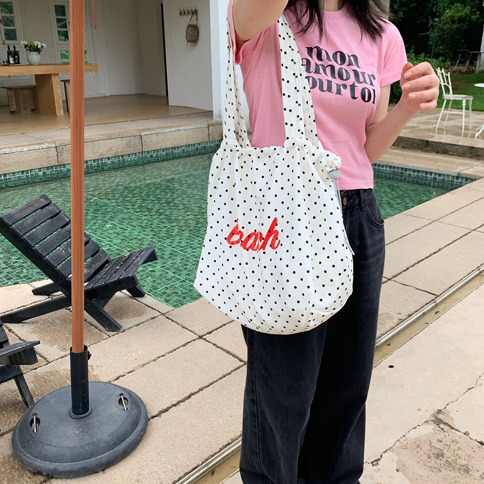 [3 colors] Dot Lettering String Bucket Bag