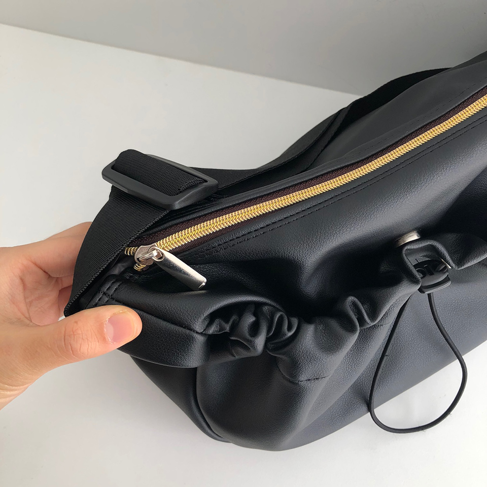 Leather String Pocket Zip-Up Crossbody Bag