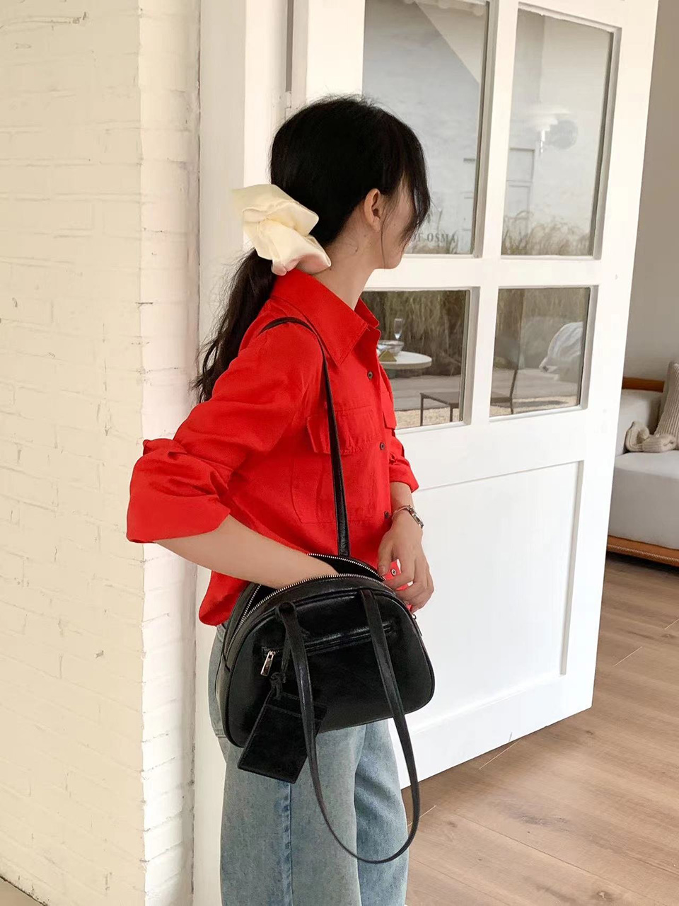 Cracked Round Leather Tote Bag/Shoulder Bag