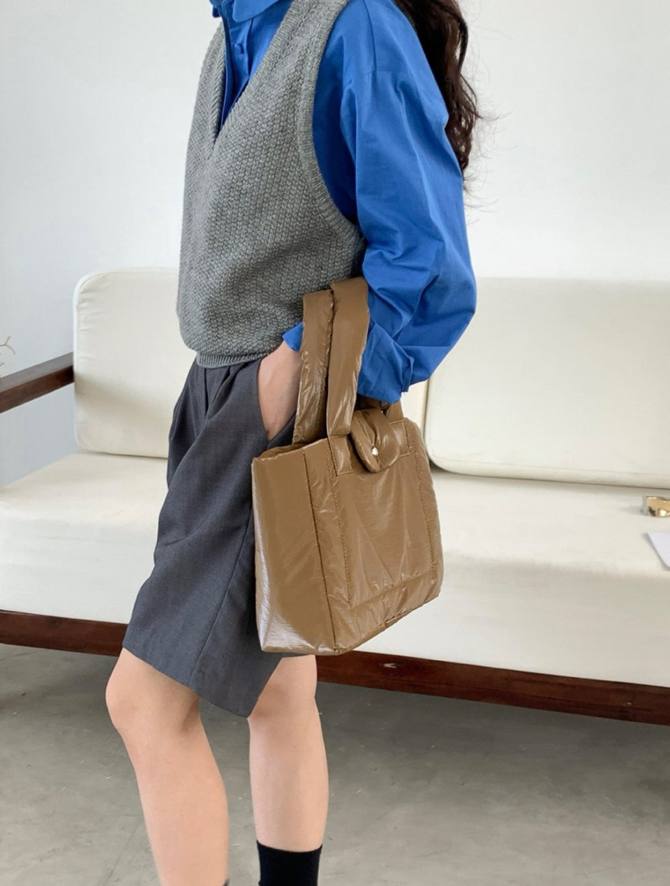 Aston Glossy Nylon Down Button Tote Bag