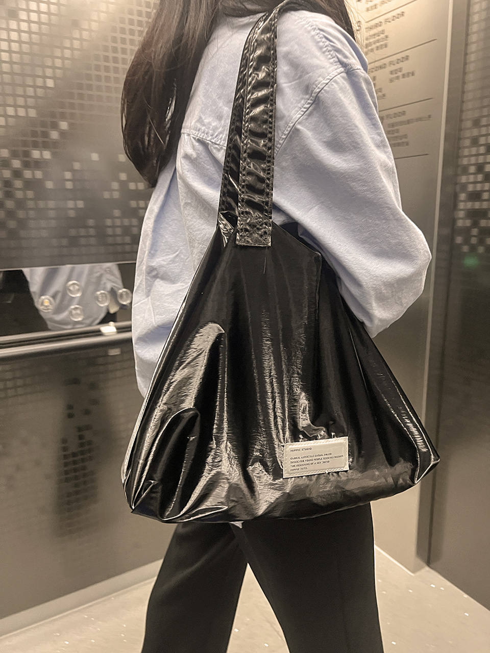 Glossy nylon shoulder bag
