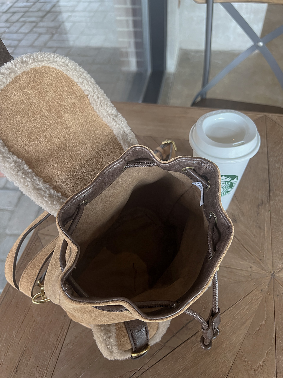 Suede pocket sheepskin bucket bag/mini backpack