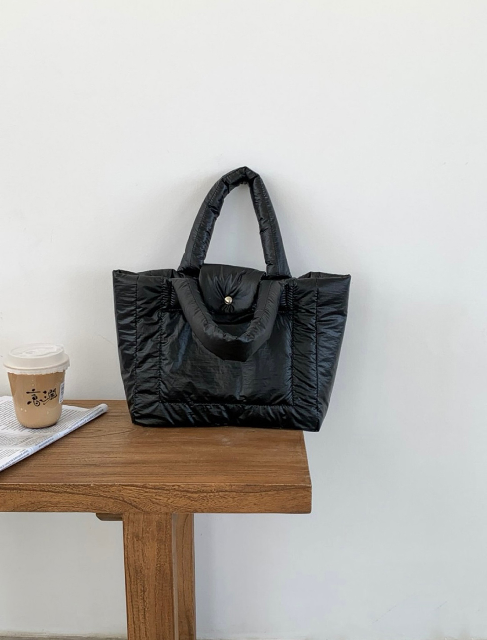 Aston Glossy Nylon Down Button Tote Bag